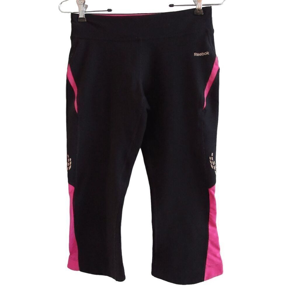 Reebok Capri Crop Leggings Athletic Play Dry Black & Pink Mid-Rise XS